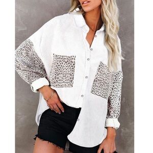SHEIN White Leopard Print Oversized Corduroy Shirt Jacket NWOT flannel